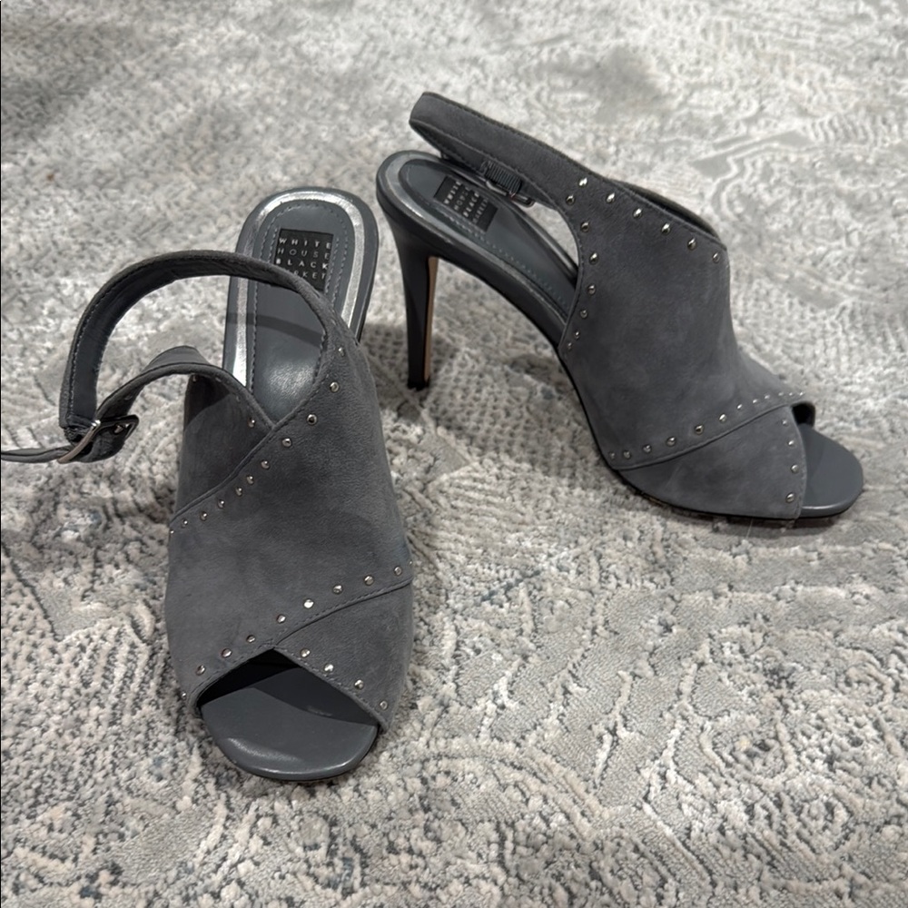 White House Black Market Gray Suede Open Toe Slingback Heels size 7